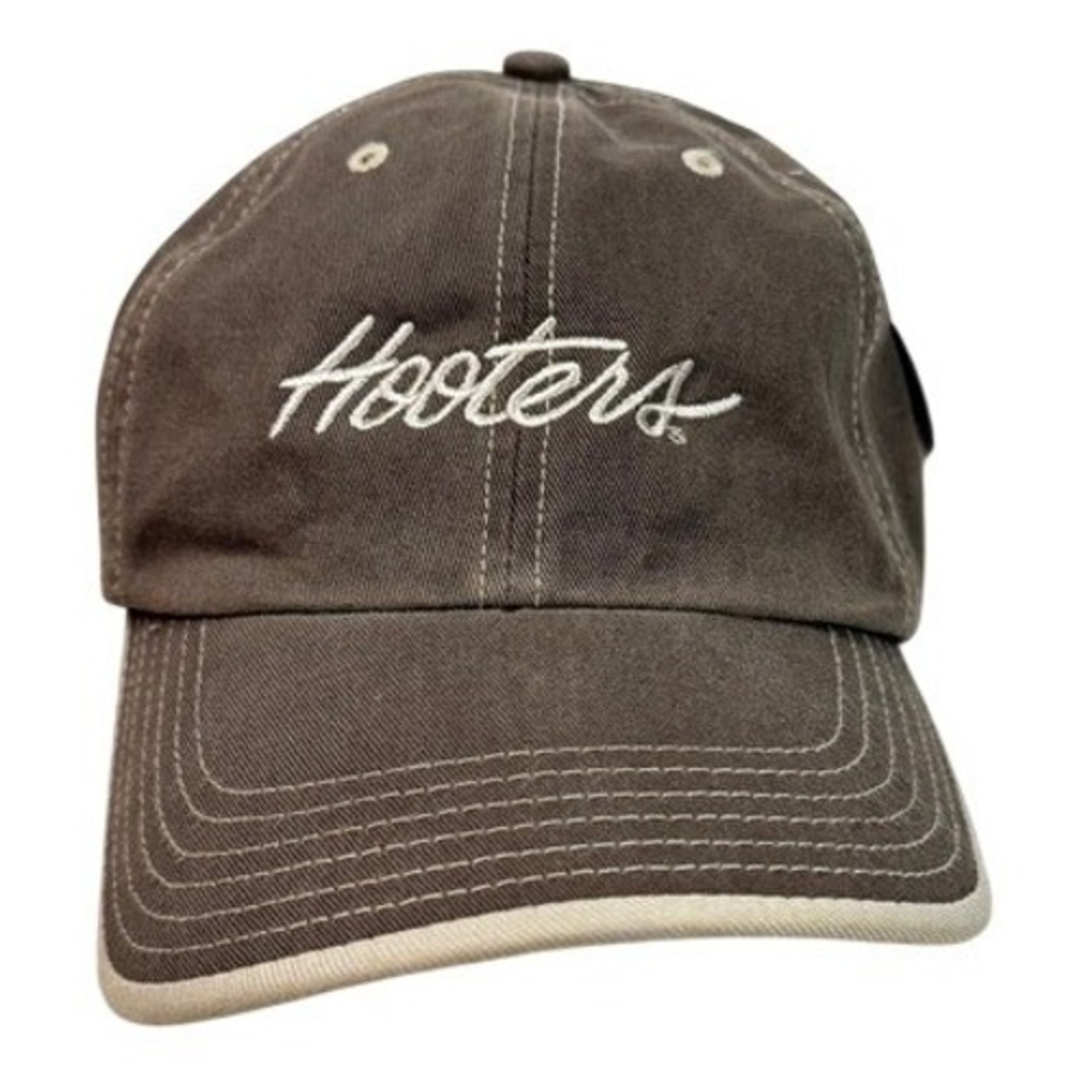 VTG Washed Hooters Hat Men Brown Port Authority‎ Script Logo Cap Wings